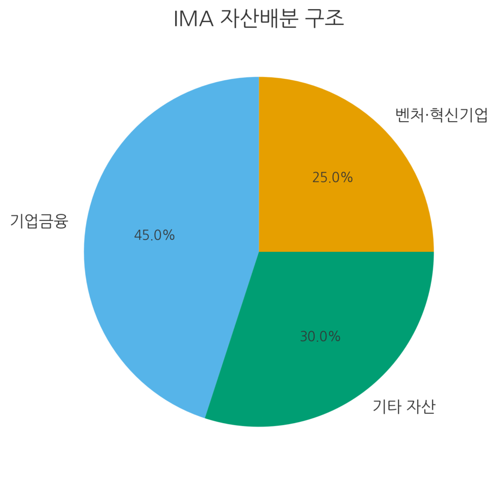 IMA 계좌의 벤처·혁신기업 투자 비중 25%, 기업금융 45%, 기타 자산 30%로 구성된 자산배분 파이차트