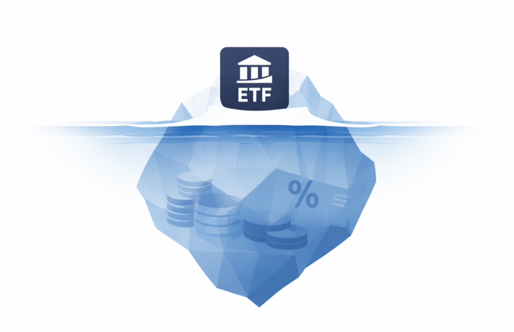 ETF 총보수 아래에 숨겨진 실질부담비용을 빙산 구조로 표현한 이미지