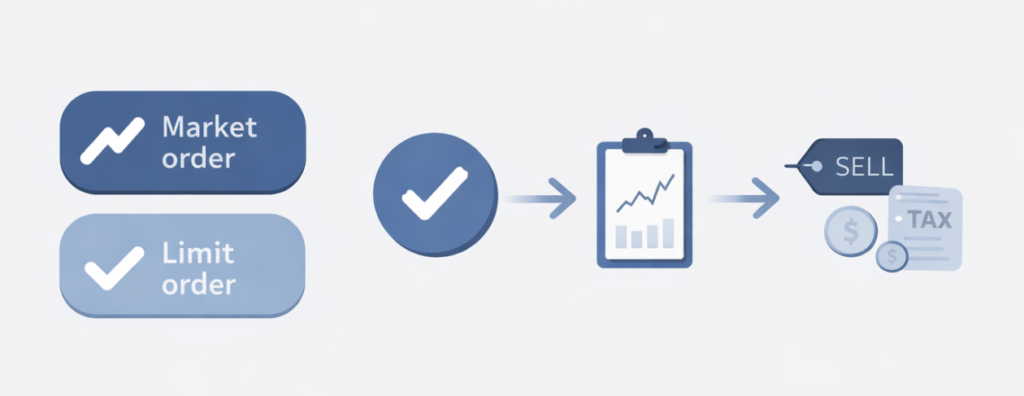 주식 사는 법 : 주식 주문 유형과 매도 시 수수료와 세금이 발생하는 구조를 설명한 인포그래픽