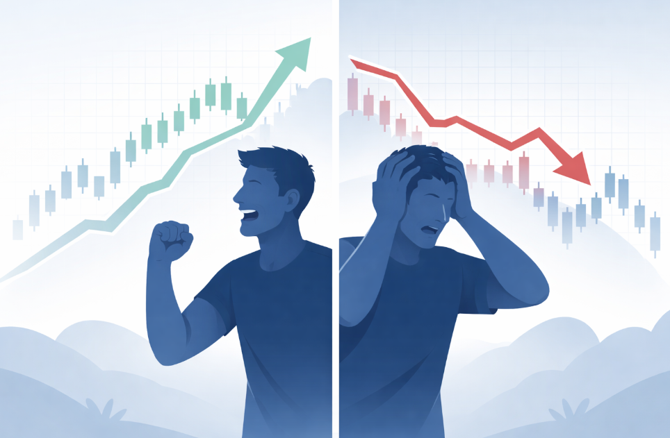 주식 초보가 반드시 겪는 실패 유형 4가지 : 주가 변동에 따라 공포와 탐욕에 휘둘리는 감정적 투자 행동을 표현한 이미지