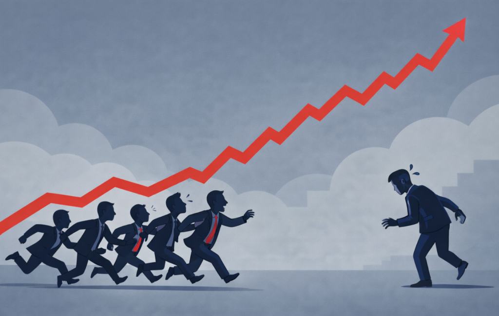 상승장에서 돈 잃는 사람들의 전형적인 모습으로, 이미 급등한 주가를 쫓아 달려가는 투자자들과 뒤늦게 진입을 망설이는 개인 투자자를 표현한 일러스트