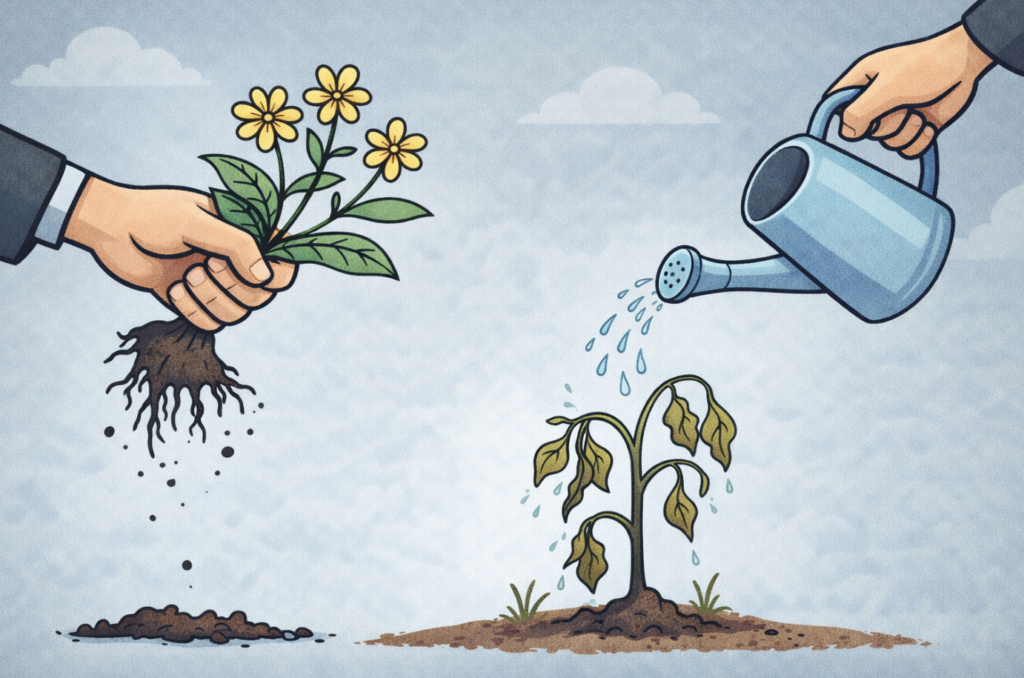 상승장에서 돈 잃는 사람들의 전형적인 행동을 은유적으로 표현한 이미지로, 잘 자라는 수익 종목을 뽑아내고 손실이 커진 종목에 집착하는 개인 투자자의 모습을 보여주는 만화형 일러스트