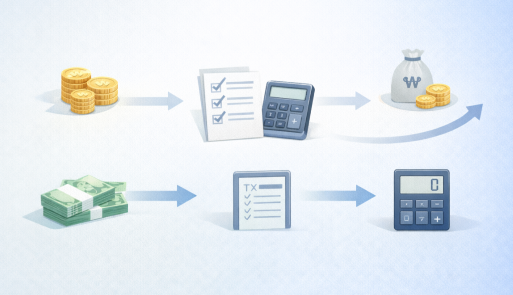 소득에서 세금 계산을 거쳐 환급 또는 결정세액 0원으로 이어지는 흐름을 화살표로 나타낸 개념도 이미지.