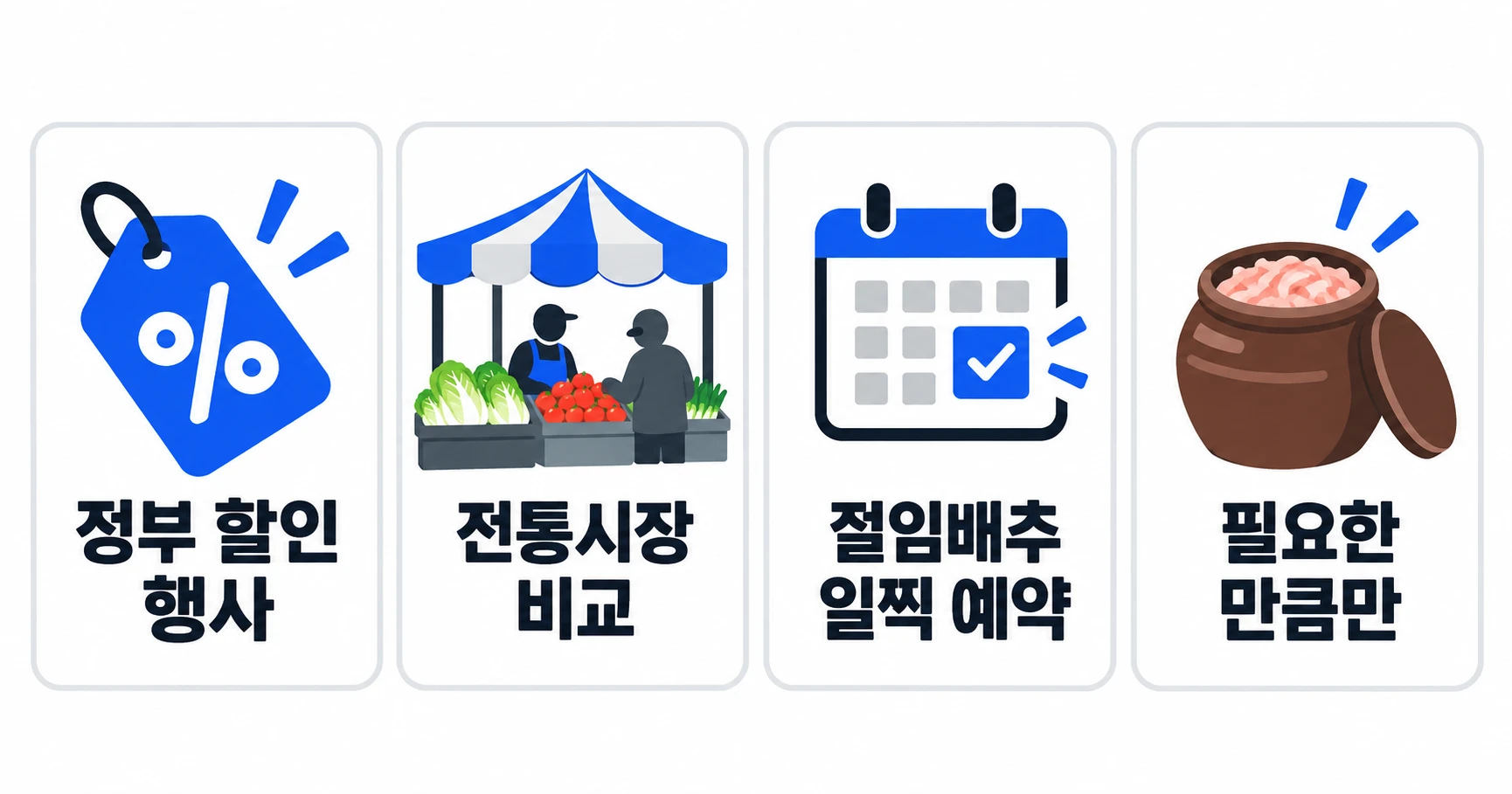김장비 아끼는 방법 네 가지. 정부 할인 행사 이용, 전통시장과 가격 비교, 절임배추 일찍 예약, 비싼 재료는 필요한 만큼만 사기