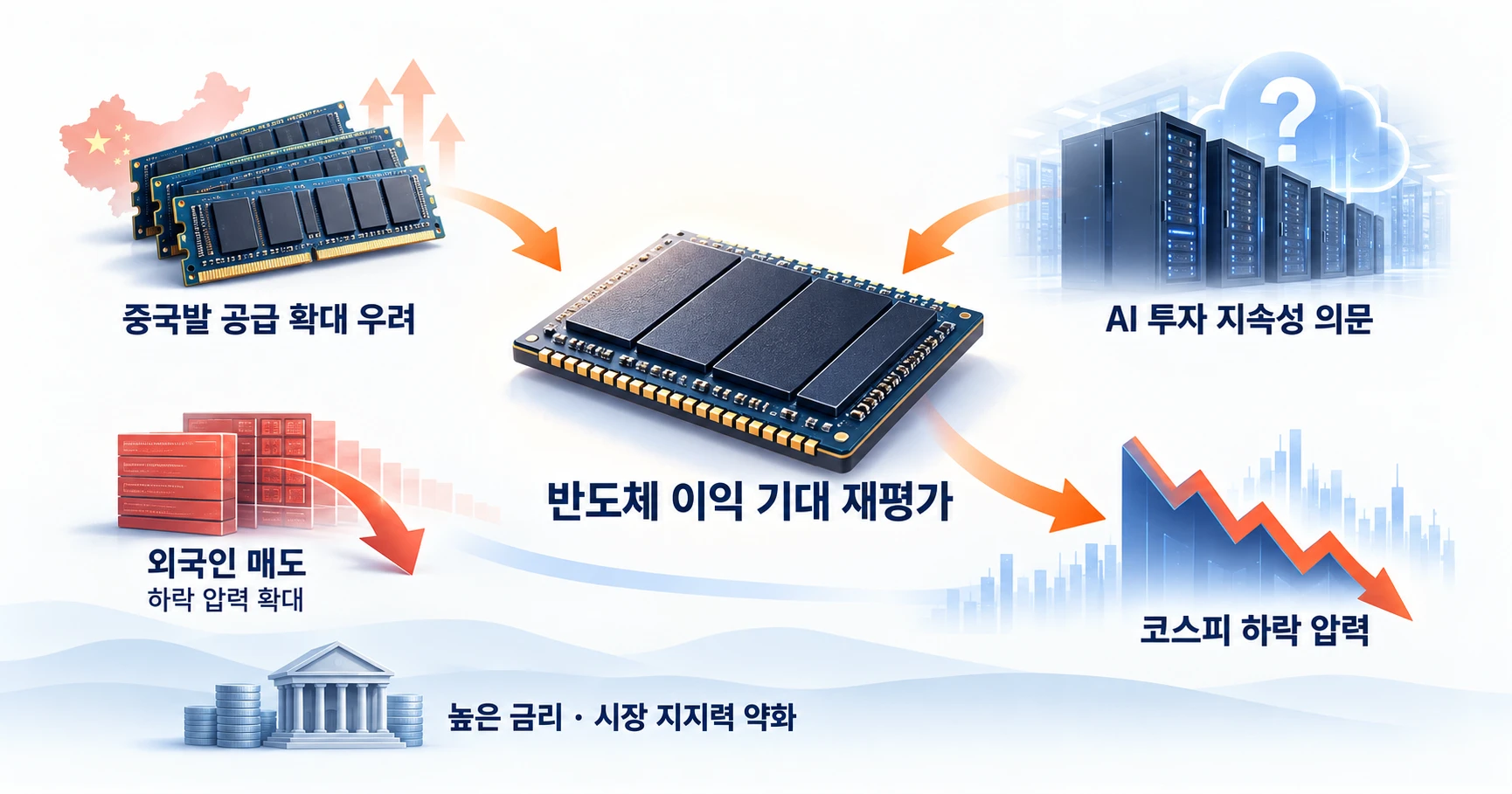 코스피 하락 원인 구조도. 중국발 메모리 공급 확대 우려와 AI 투자 지속성 의문이 반도체 이익 기대를 낮추고, 외국인 매도와 높은 금리가 더해져 코스피 하락 압력으로 이어지는 흐름